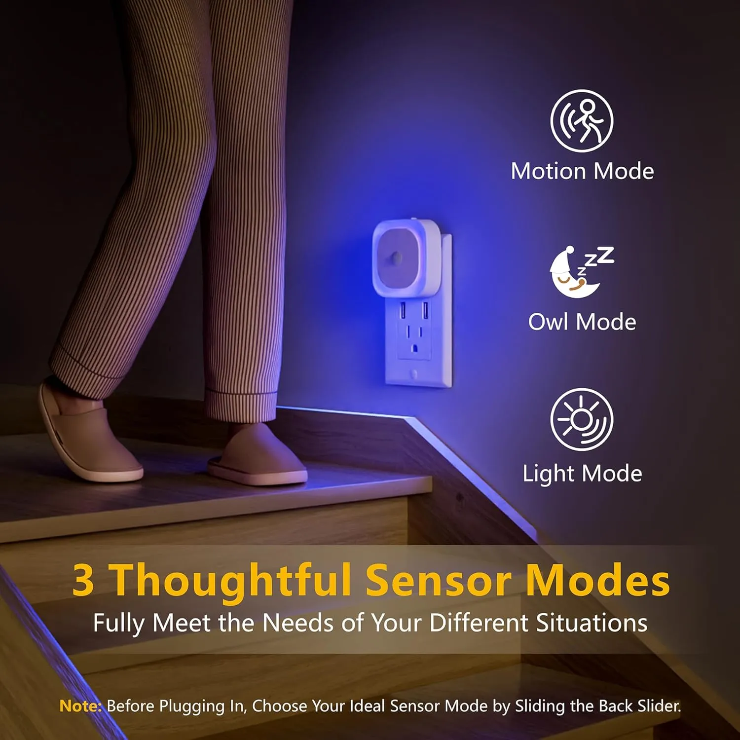 2 Pack Plug in Night Light with Motion Sensor & Dusk to Dawn Sensor, 3 Sensor Modes, Blue Night Lights Plug into Wall, Dimmable Nightlight as Gifts for Bathroom, Bedroom, Indoor