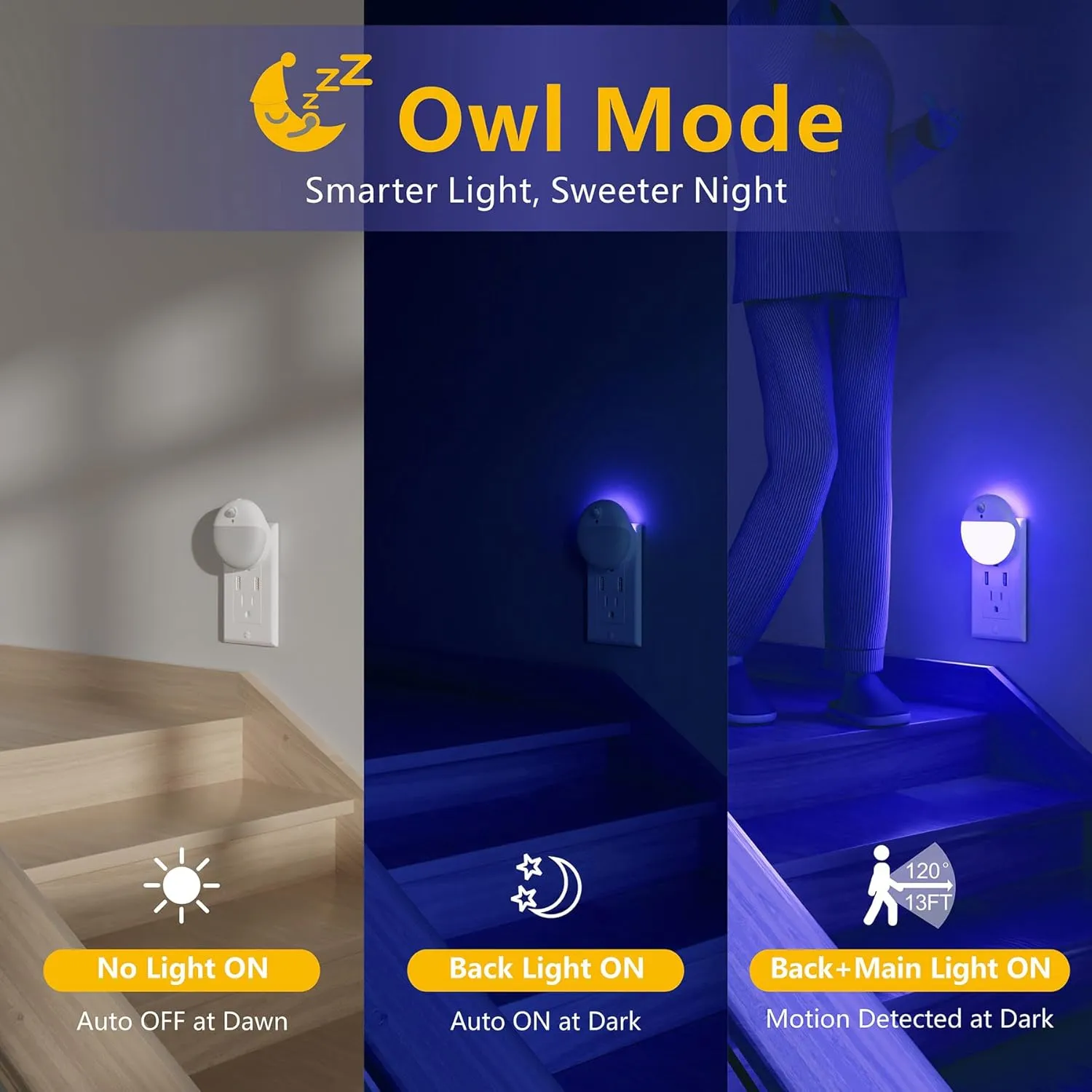 2 Pack Plug in Night Light with Motion Sensor and Dusk to Dawn Sensor, Stepless Dimming, Blue LED Nightlight with 3 Lighting Ways for Bathroom, Bedroom,Gifts for Girls, Boys, Adults