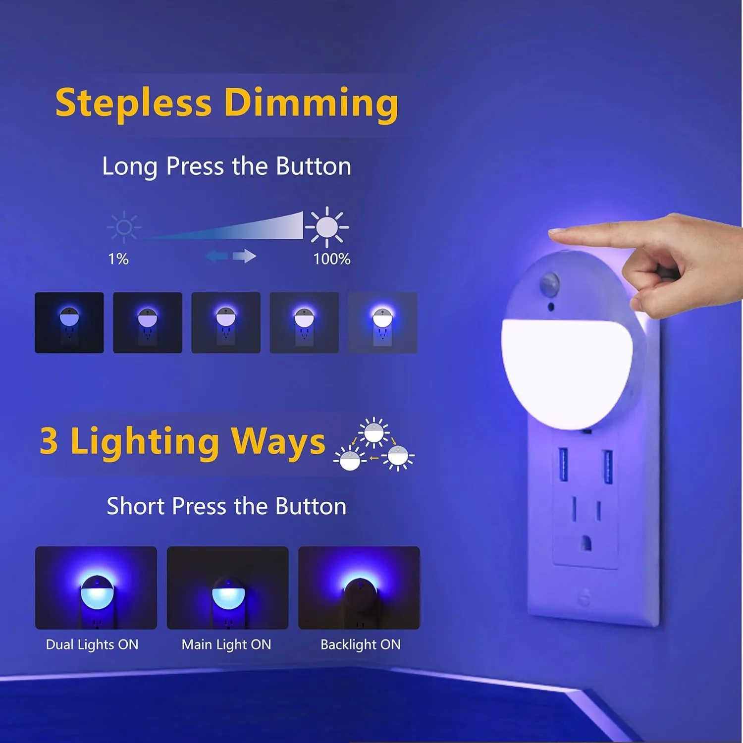 2 Pack Plug in Night Light with Motion Sensor and Dusk to Dawn Sensor, Stepless Dimming, Blue LED Nightlight with 3 Lighting Ways for Bathroom, Bedroom,Gifts for Girls, Boys, Adults