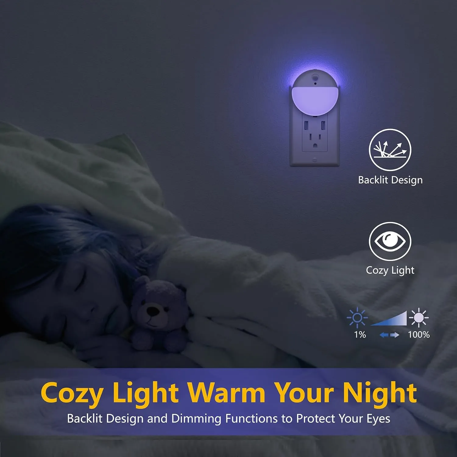2 Pack Plug in Night Light with Motion Sensor and Dusk to Dawn Sensor, Stepless Dimming, Blue LED Nightlight with 3 Lighting Ways for Bathroom, Bedroom,Gifts for Girls, Boys, Adults