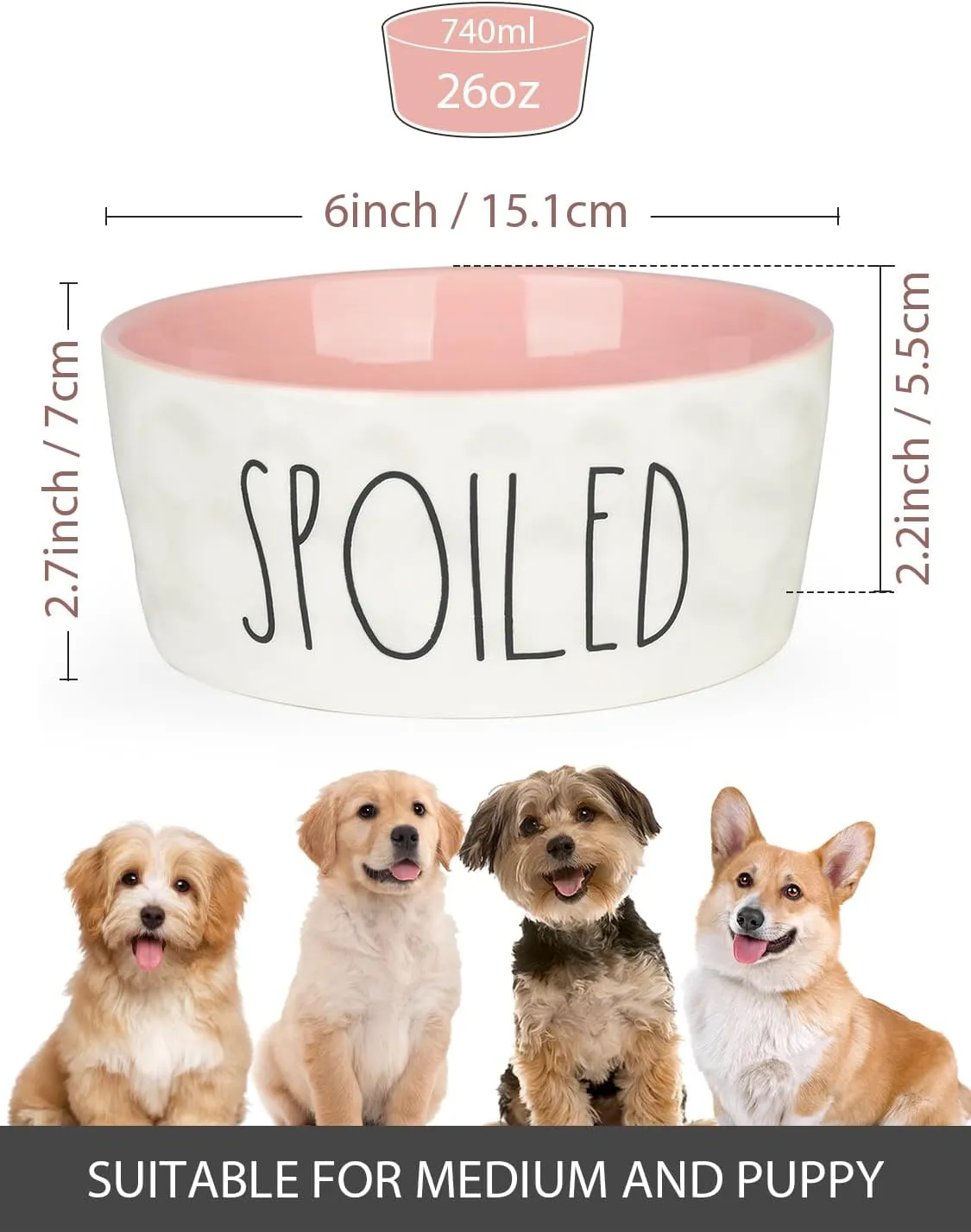 27OZ Ceramic Dog Bowl - 6'' Extra Large Food Water Dog Bowl, Heavy Duty Non-Slip Dog Dish for Medium Dogs, Food Grade Porcelain Pet Feeder Bowl, Microwave & Dishwasher Safe, Pink