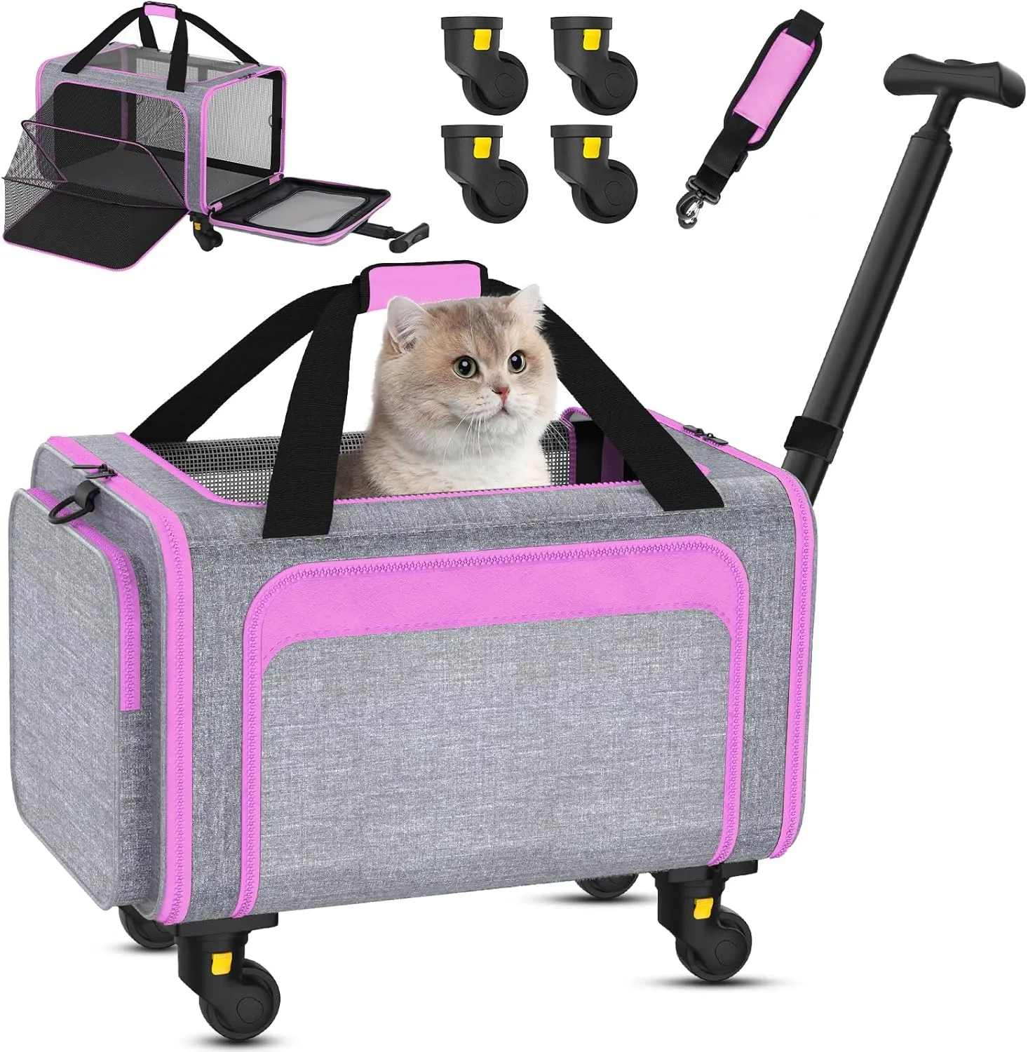 3-in-1 Upgraded Cat Carrier with Wheels, Airline Approved Pet Carrier for Small Cats Up to 15Lbs, 18" x 11" x 11" Newly Designed Rolling Cat Carrier, Cat Soft-Sided Bag for Flying, Travel & Vet