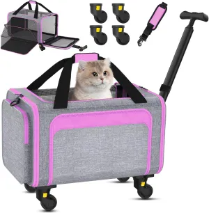 3-in-1 Upgraded Cat Carrier with Wheels, Airline Approved Pet Carrier for Small Cats Up to 15Lbs, 18" x 11" x 11" Newly Designed Rolling Cat Carrier, Cat Soft-Sided Bag for Flying, Travel & Vet