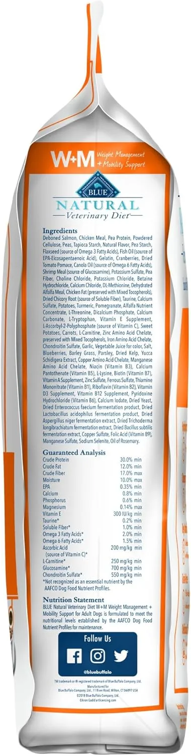 Blue Buffalo Natural Veterinary Diet W M Dry Dog Food, Weight Management   Mobility Formula, Veterinarian Prescription Required, Salmon, 22-lb Bag