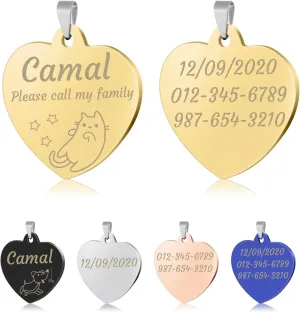 CAMAL 2 Pack Heart Shape Dog Id Tags Personalized, Stainless Steel Dog Name Tag Up to 3 Lines of Text Laser Engraving on Both Sides, 30 mm Pet Id Tag for Dogs and Cats (Gold)