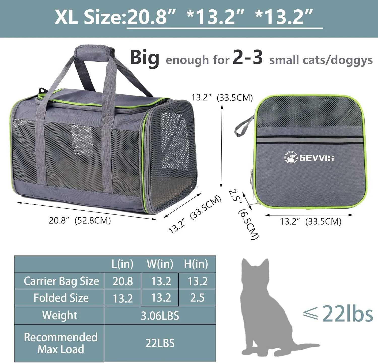 Cat Carriers for Large Cats & Dogs - Soft Sided, Collapsible Folding Pet Travel Carrier - Top Loading, 20 lbs 