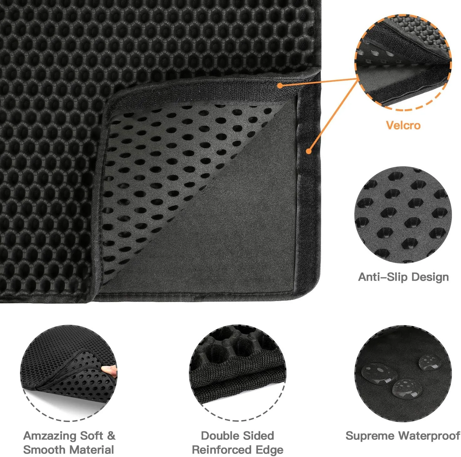 Cat Litter Mat-30"X24" Large Litter BoxTrapping Mat for Kitty EVA Honeycomb Double Layer Design, Urine & Waterproof with Handle Design Easier to Clean, Washable, Black