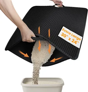 Cat Litter Mat-30"X24" Large Litter BoxTrapping Mat for Kitty EVA Honeycomb Double Layer Design, Urine & Waterproof with Handle Design Easier to Clean, Washable, Black