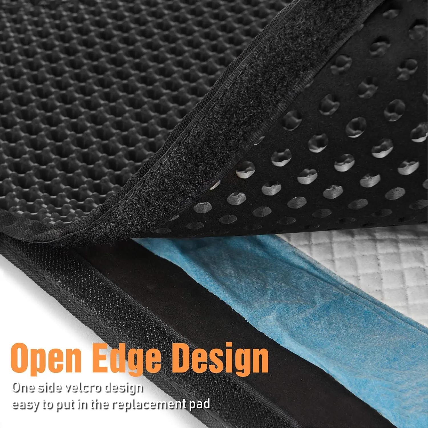 Cat Litter Mat-30"X24" Large Litter BoxTrapping Mat for Kitty EVA Honeycomb Double Layer Design, Urine & Waterproof with Handle Design Easier to Clean, Washable, Black