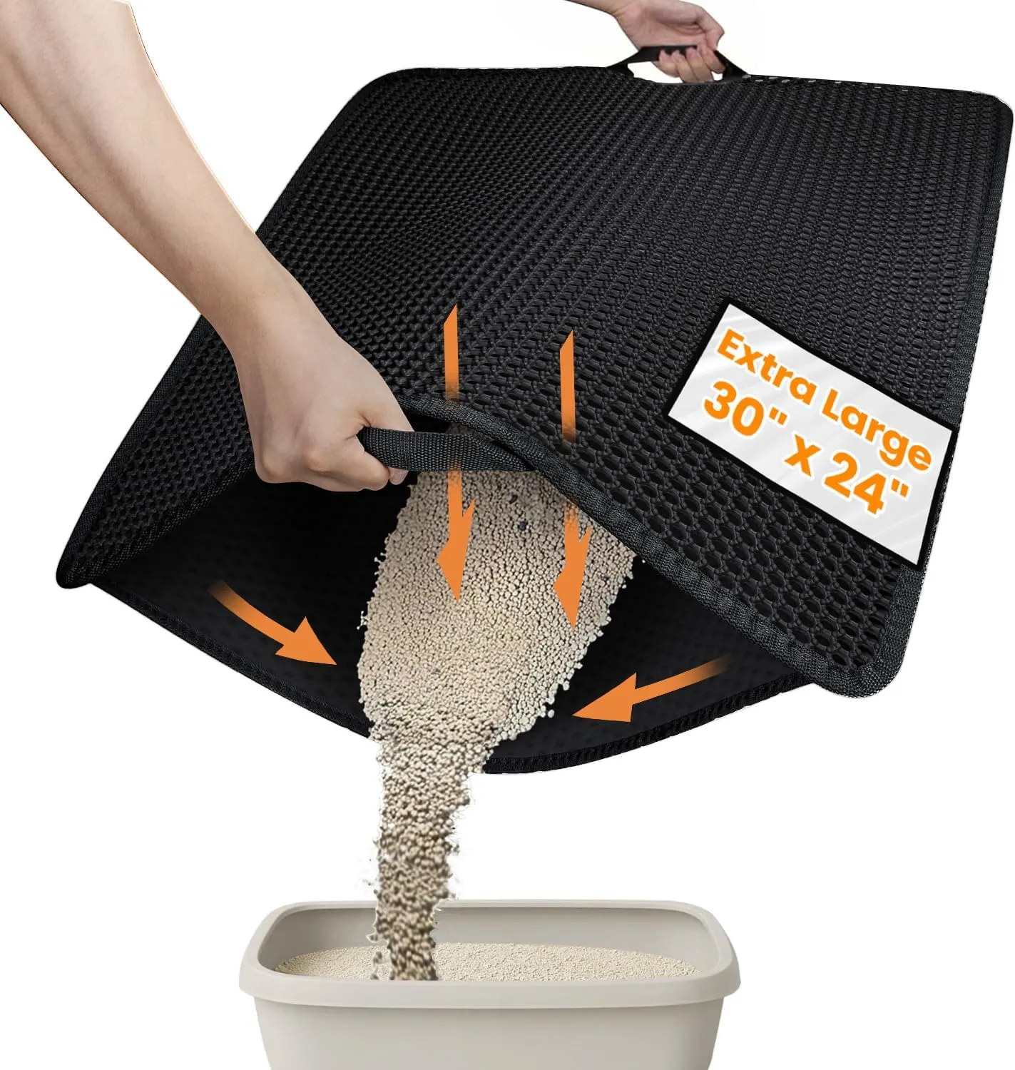Cat Litter Mat-30"X24" Large Litter BoxTrapping Mat for Kitty EVA Honeycomb Double Layer Design, Urine & Waterproof with Handle Design Easier to Clean, Washable, Black
