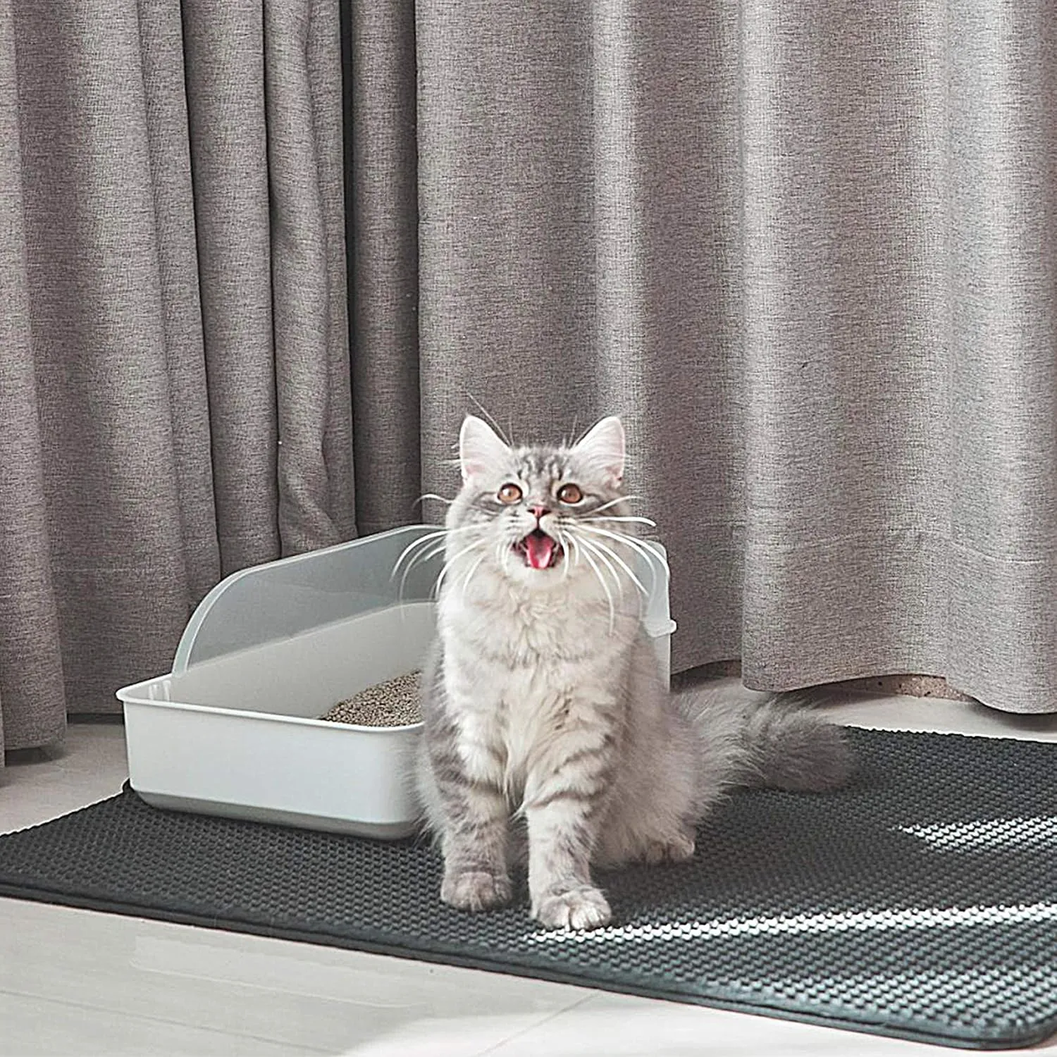 Cat Litter Mat-30"X24" Large Litter BoxTrapping Mat for Kitty EVA Honeycomb Double Layer Design, Urine & Waterproof with Handle Design Easier to Clean, Washable, Black