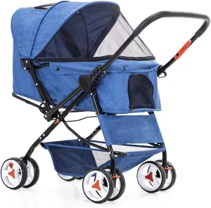 Cat/Dog Stroller Easy One-Hand Fold 4 Wheel Dog Strollers for Medium Small Dogs Reversible Push Handle Pet Stroller Puppy & Kitten Carrier Extended (Blue) (Blue)