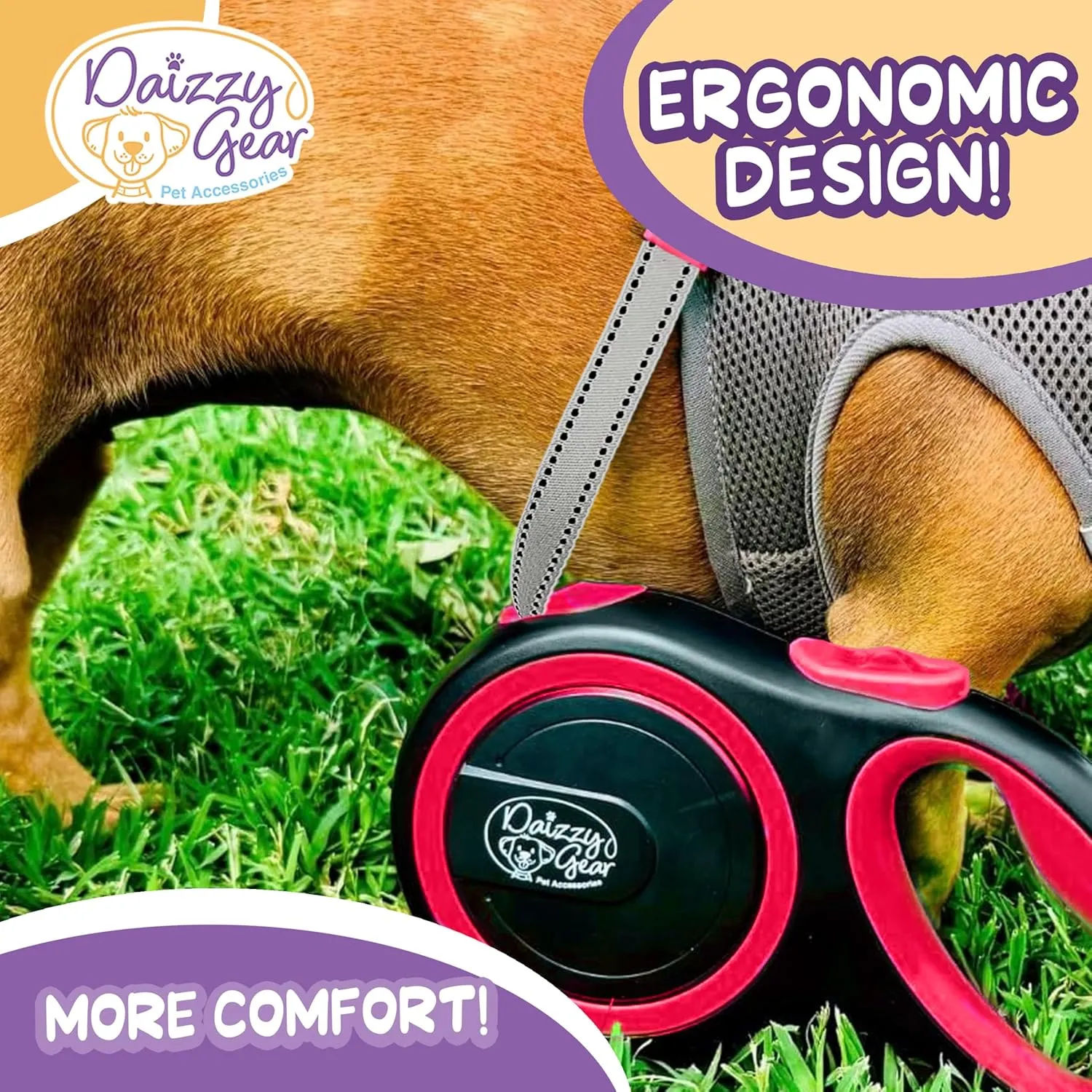 Dog Leash Retractable,Sturdy, Heavy-Duty, Tangle-Free, Soft,Anti-Slip Handle & Easy One Hand Brake for Puppy, Small, Medium, Large Breeds Dogs (Pink, 110 LBS/26 FT (L))