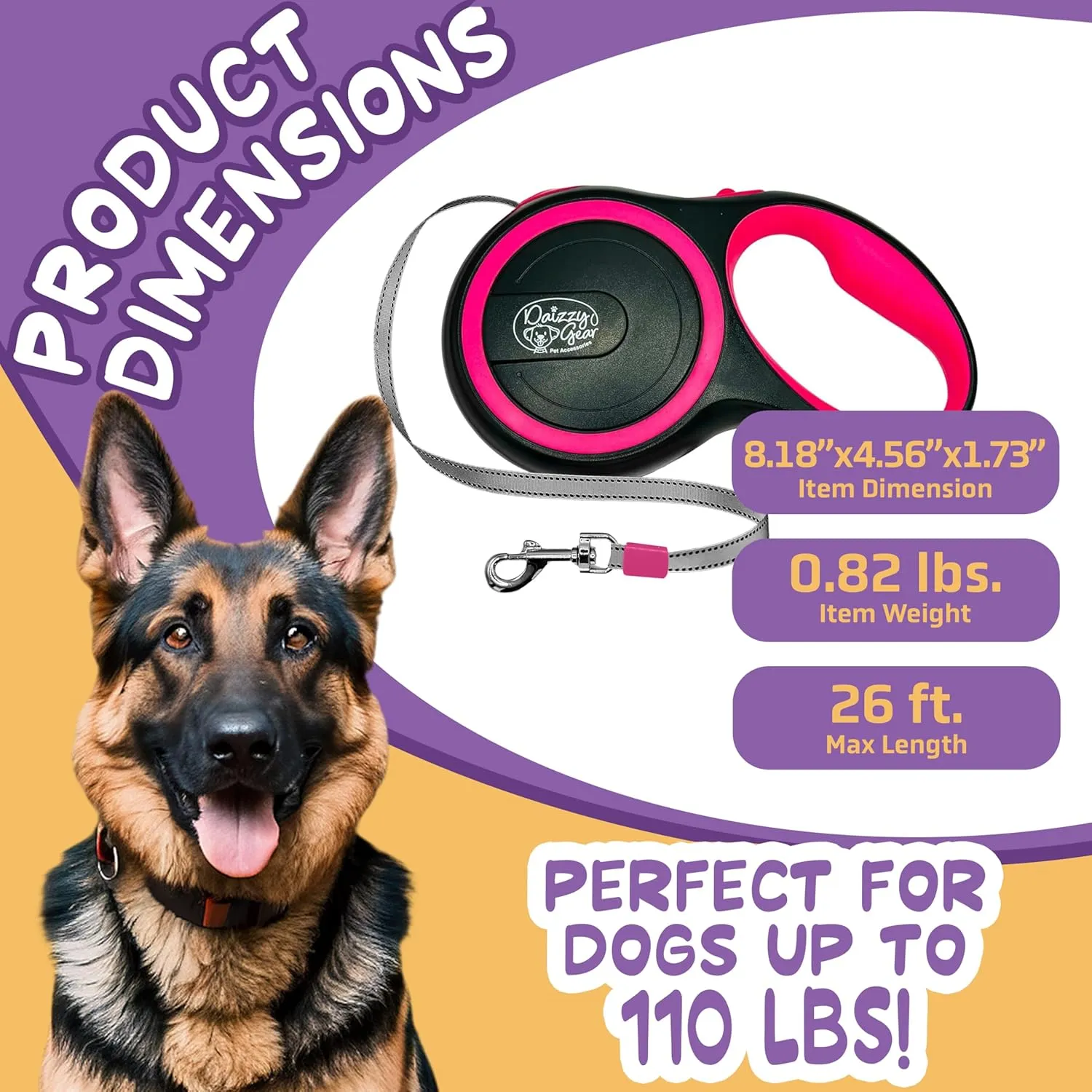 Dog Leash Retractable,Sturdy, Heavy-Duty, Tangle-Free, Soft,Anti-Slip Handle & Easy One Hand Brake for Puppy, Small, Medium, Large Breeds Dogs (Pink, 110 LBS/26 FT (L))