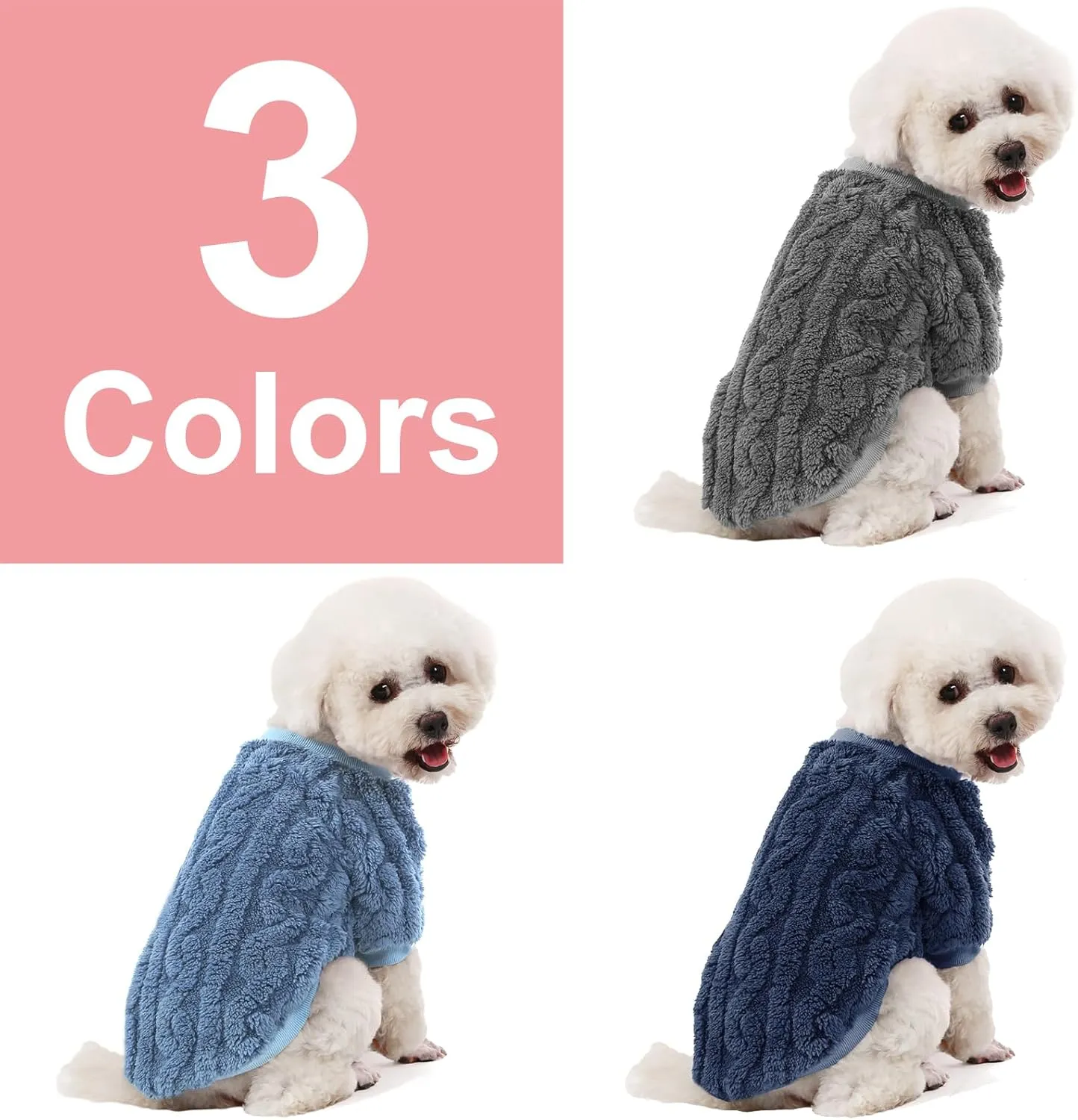 Dog Sweater, 3 Pack Dog Sweaters for Small Dogs or Cats, Girl or Boy, Warm Dog Clothes Shirt Coat for Winter Christmas (Blue, Dark Blue, Grey, Small)