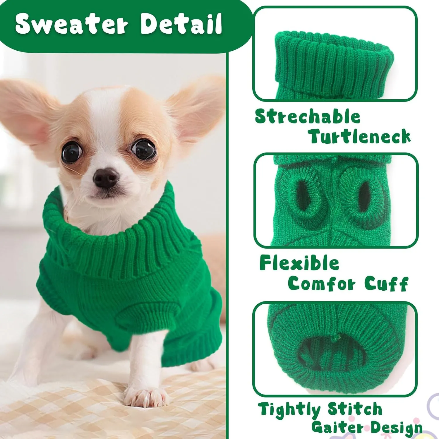 Dog Sweater for Small Dogs Autumn Winter Dog Knitted Sweaters Warm Puppy Clothes Turtleneck Pullover Sweater Thick Pet Knitwear for Chihuahua Teacup Dogs Yorkie (Bright Green, Medium)