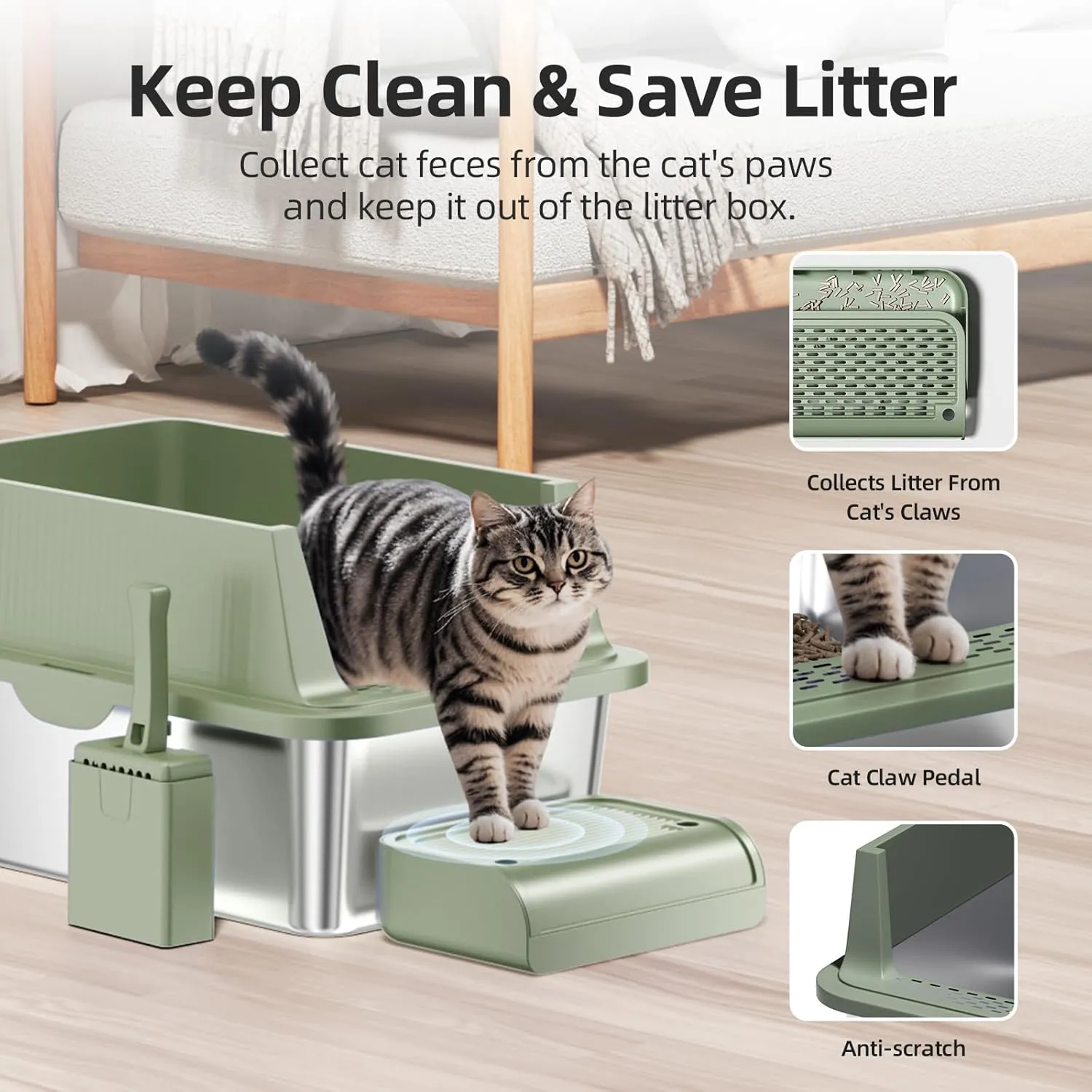Enclosed Stainless Steel Cat Litter Box with Lid Extra Large Litter Box for Big Cats XL Metal Litter Pan Tray with High Wall Sides Enclosure, Non-Sticky, Anti-Leakage, Easy Cleaning (8 in Green)