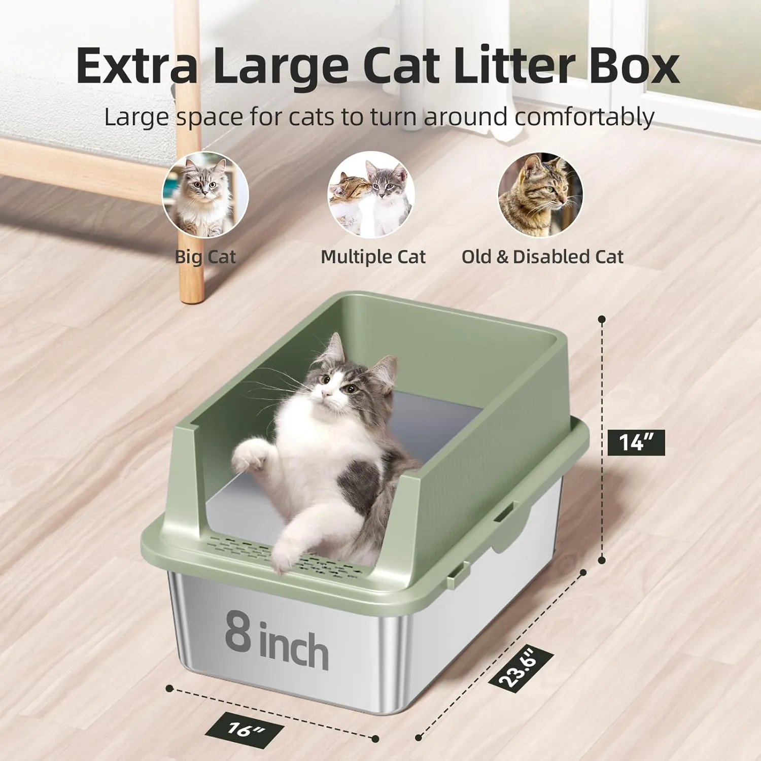 Enclosed Stainless Steel Cat Litter Box with Lid Extra Large Litter Box for Big Cats XL Metal Litter Pan Tray with High Wall Sides Enclosure, Non-Sticky, Anti-Leakage, Easy Cleaning (8 in Green)