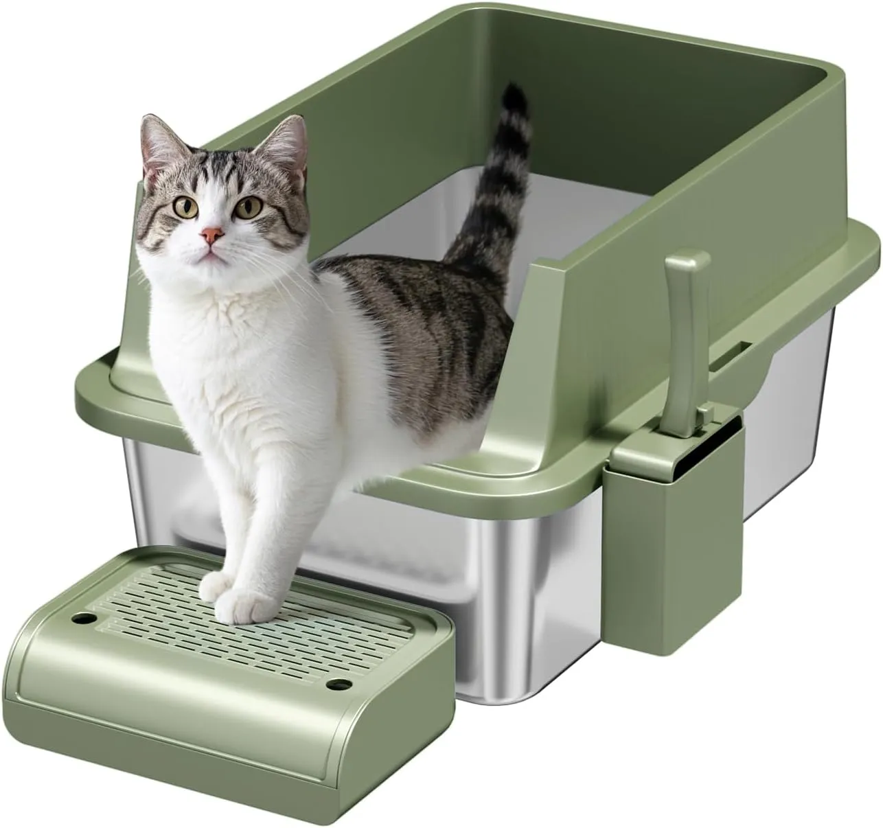 Enclosed Stainless Steel Cat Litter Box with Lid Extra Large Litter Box for Big Cats XL Metal Litter Pan Tray with High Wall Sides Enclosure, Non-Sticky, Anti-Leakage, Easy Cleaning (8 in Green)