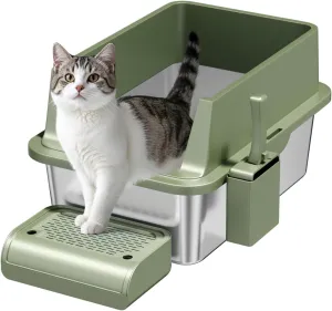 Enclosed Stainless Steel Cat Litter Box with Lid Extra Large Litter Box for Big Cats XL Metal Litter Pan Tray with High Wall Sides Enclosure, Non-Sticky, Anti-Leakage, Easy Cleaning (8 in Green)