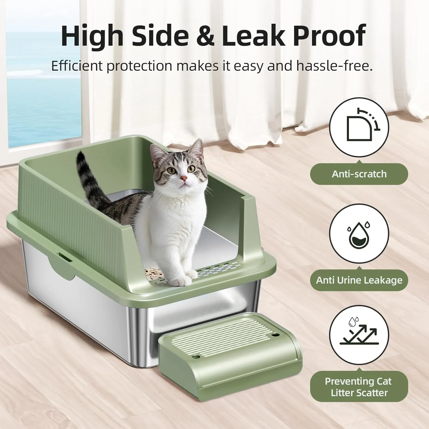 Enclosed Stainless Steel Cat Litter Box with Lid Extra Large Litter Box for Big Cats XL Metal Litter Pan Tray with High Wall Sides Enclosure, Non-Sticky, Anti-Leakage, Easy Cleaning (8 in Green)