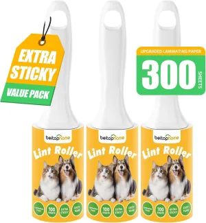 Extra Sticky Lint Roller for Pet Hair, 300 Sheets with Reinforced 3 Handles and Tough Paper, Perfect for Dog and Cat Hair Removal, Ideal for Clothes, Carpet, and Dust Cleaning Mega Value Set