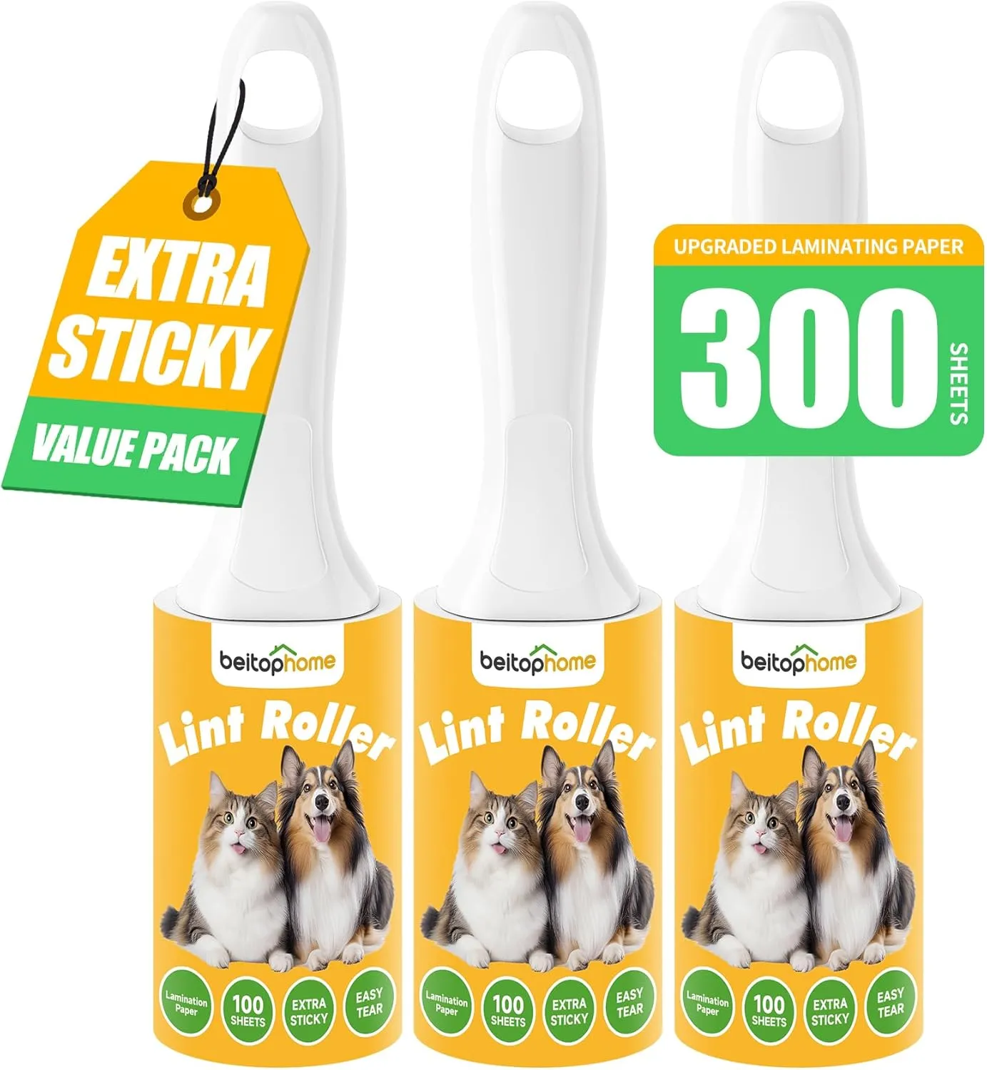 Extra Sticky Lint Roller for Pet Hair, 300 Sheets with Reinforced 3 Handles and Tough Paper, Perfect for Dog and Cat Hair Removal, Ideal for Clothes, Carpet, and Dust Cleaning Mega Value Set
