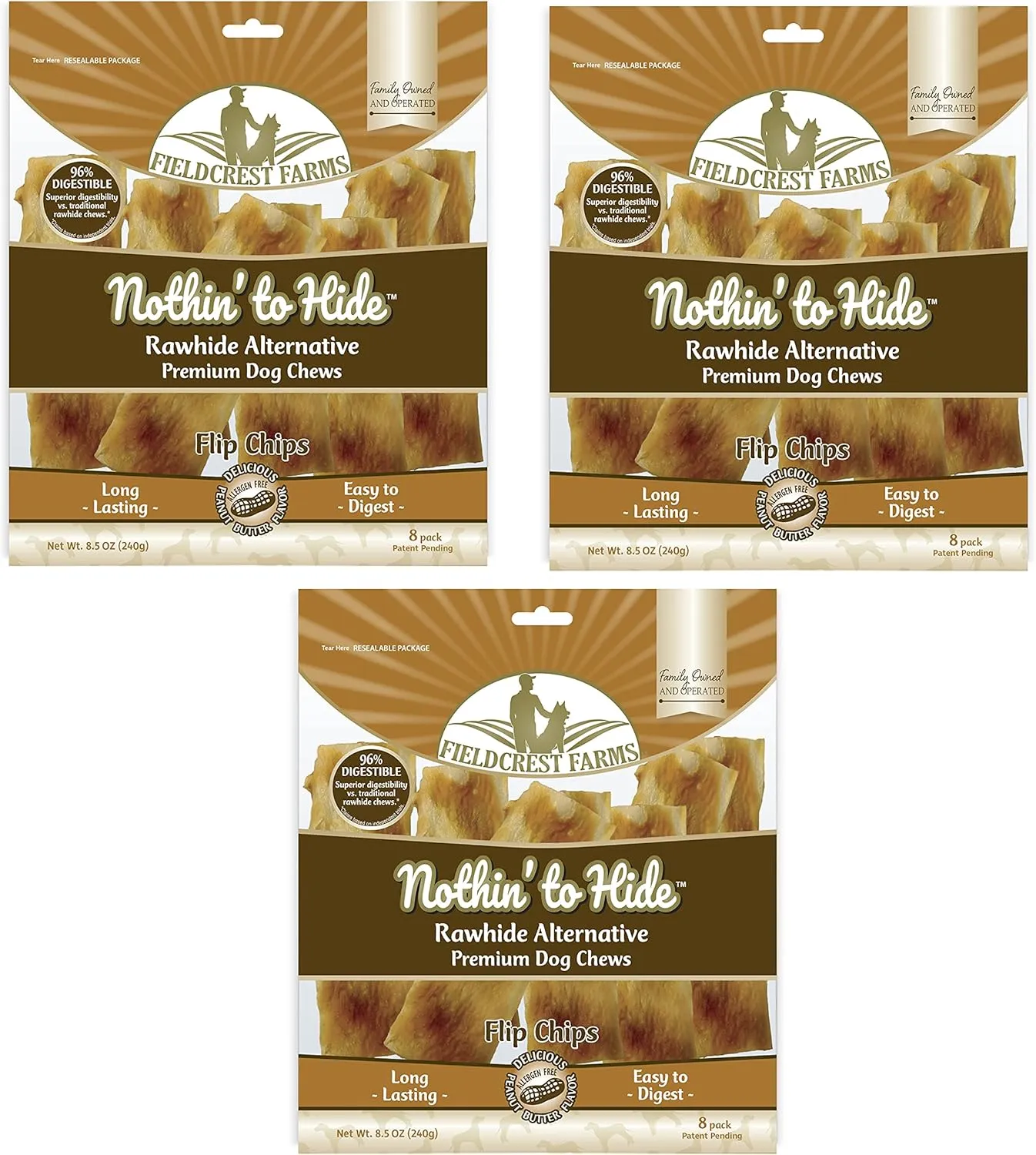 Fieldcrest Farms Nothin to Hide Flip Chips Dog Chews - All Natural Rawhide Alternative Treats for Dogs, Chicken, Beef or Peanut Butter Flavor Snack for All Breed Dogs - 3 Pack (Peanut Butter)