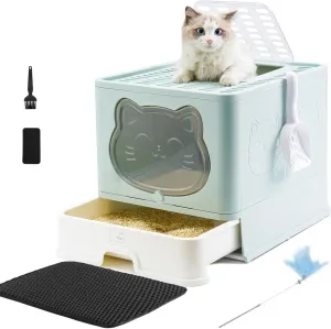 Fully Enclosed Litter Box with Lid, Foldable Extra Large Cat Toilet, Drawer Type Cat Litter Tray with Plastic Scoop, Suitable for Cats Under 17.6Ib(8kg)