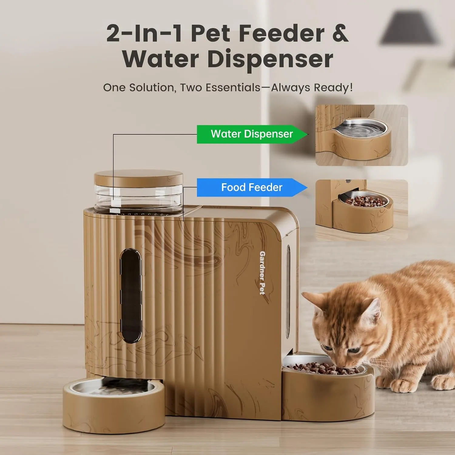 Gardner Pet Gravity Automatic 2-in-1 Pet Feeder, 0.8 Gallons*2 Cat Feeder and Water Dispenser Set, 100% BPA-Free and Stainless Steel Water Bowl for Dogs, Cats, Rabbits, Puppies (Light Woodgrain)