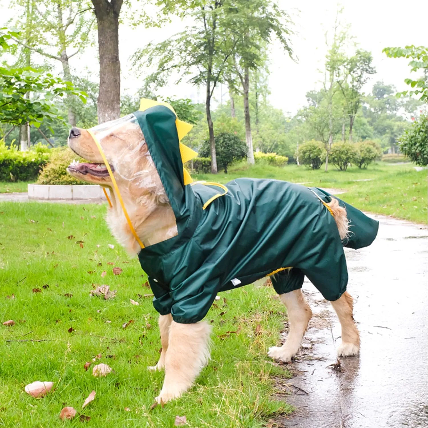 HDKUW Large Dog Raincoat with Leash Hole, Full Coverage Slicker Dog Rain Coat Hoodie, Animal Shape Waterproof Jacket for Small Medium Large Dogs Dinosaur 4XL