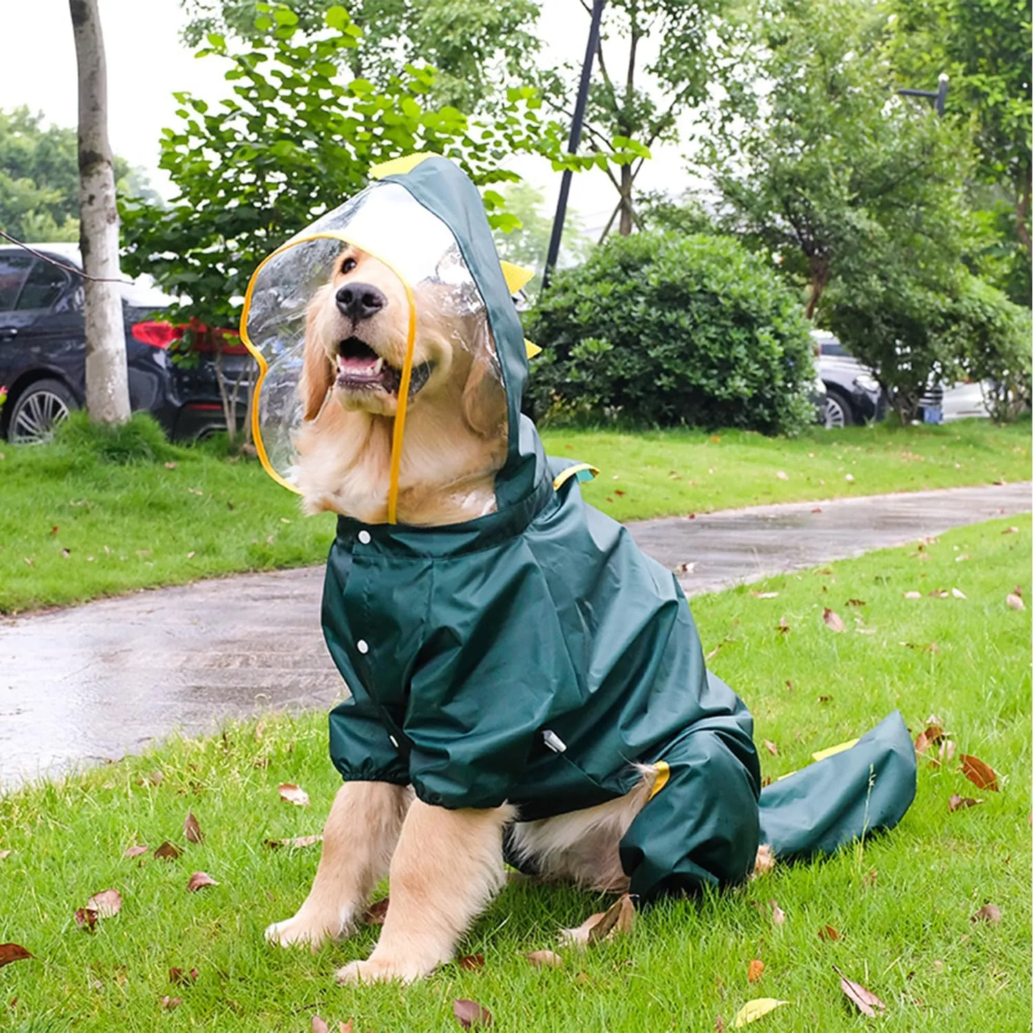 HDKUW Large Dog Raincoat with Leash Hole, Full Coverage Slicker Dog Rain Coat Hoodie, Animal Shape Waterproof Jacket for Small Medium Large Dogs Dinosaur 4XL