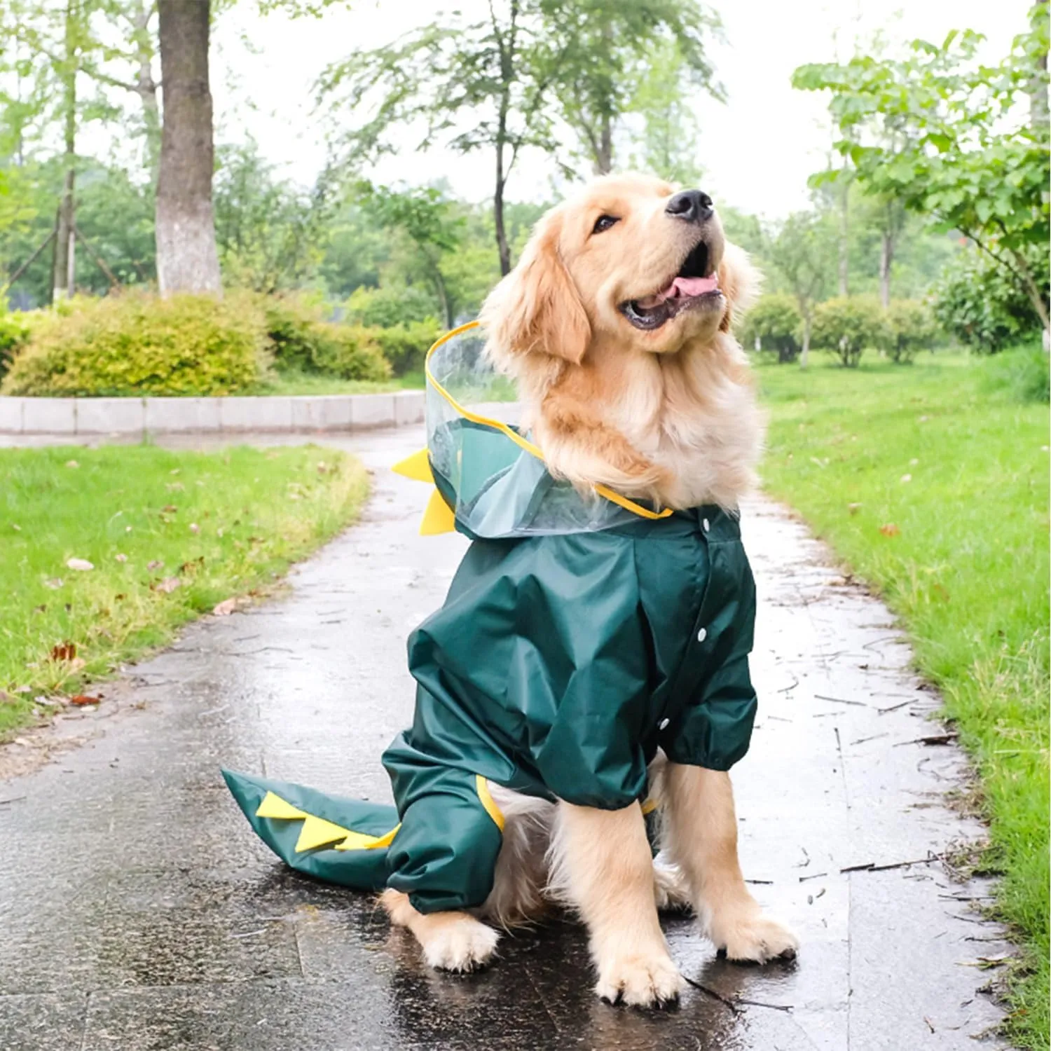 HDKUW Large Dog Raincoat with Leash Hole, Full Coverage Slicker Dog Rain Coat Hoodie, Animal Shape Waterproof Jacket for Small Medium Large Dogs Dinosaur 4XL