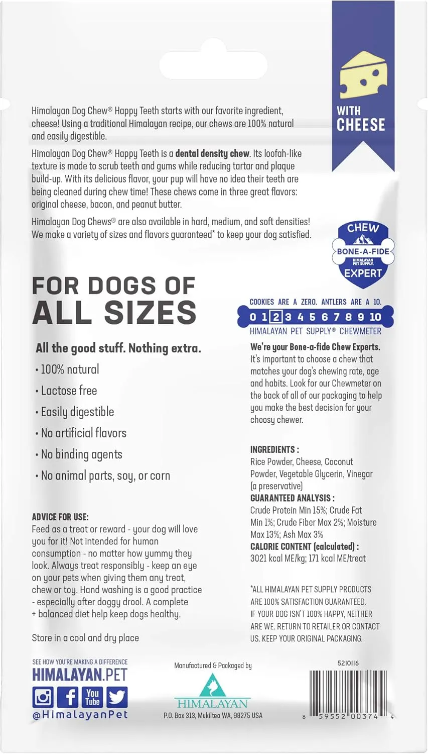 Himalayan Dog Chew Happy Teeth Yak Cheese Dog Chews Dental Chews, 100% Natural, Long Lasting, Gluten Free, Healthy & Safe Dog Treats for Oral Health, Lactose & Grain Free, Protein Rich, 2 Chews
