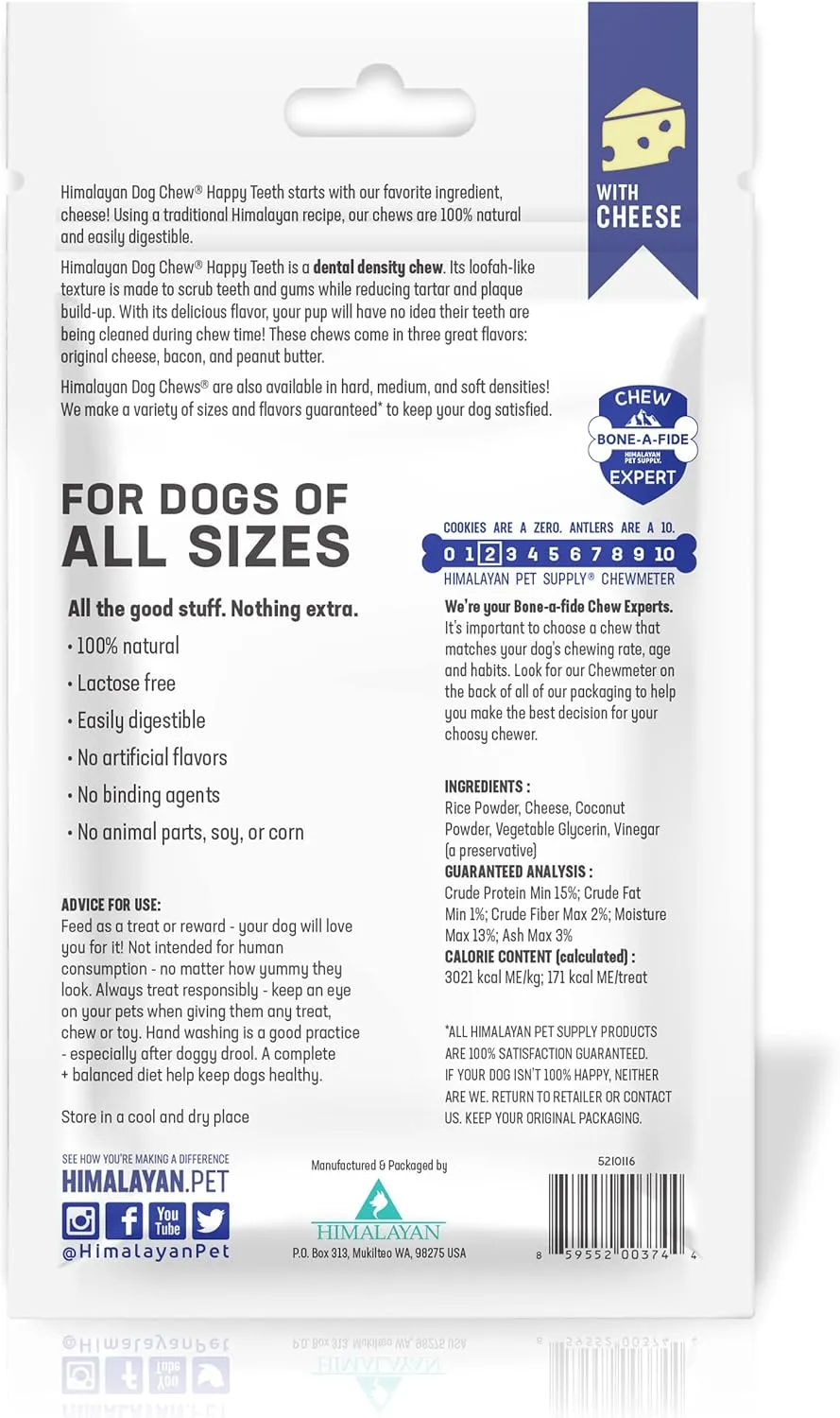 Himalayan Dog Chew Happy Teeth Yak Cheese Dog Chews Dental Chews, 100% Natural, Long Lasting, Gluten Free, Healthy & Safe Dog Treats for Oral Health, Lactose & Grain Free, Protein Rich, 2 Chews