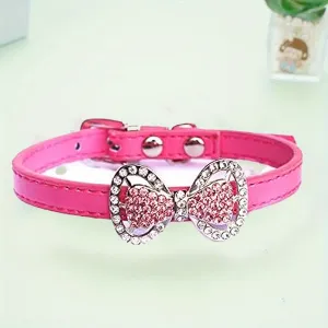 Leather Rhinestone Bow Tie Pet Cat Dog Collar