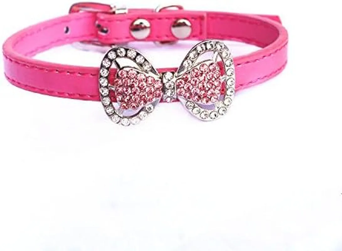 Leather Rhinestone Bow Tie Pet Cat Dog Collar