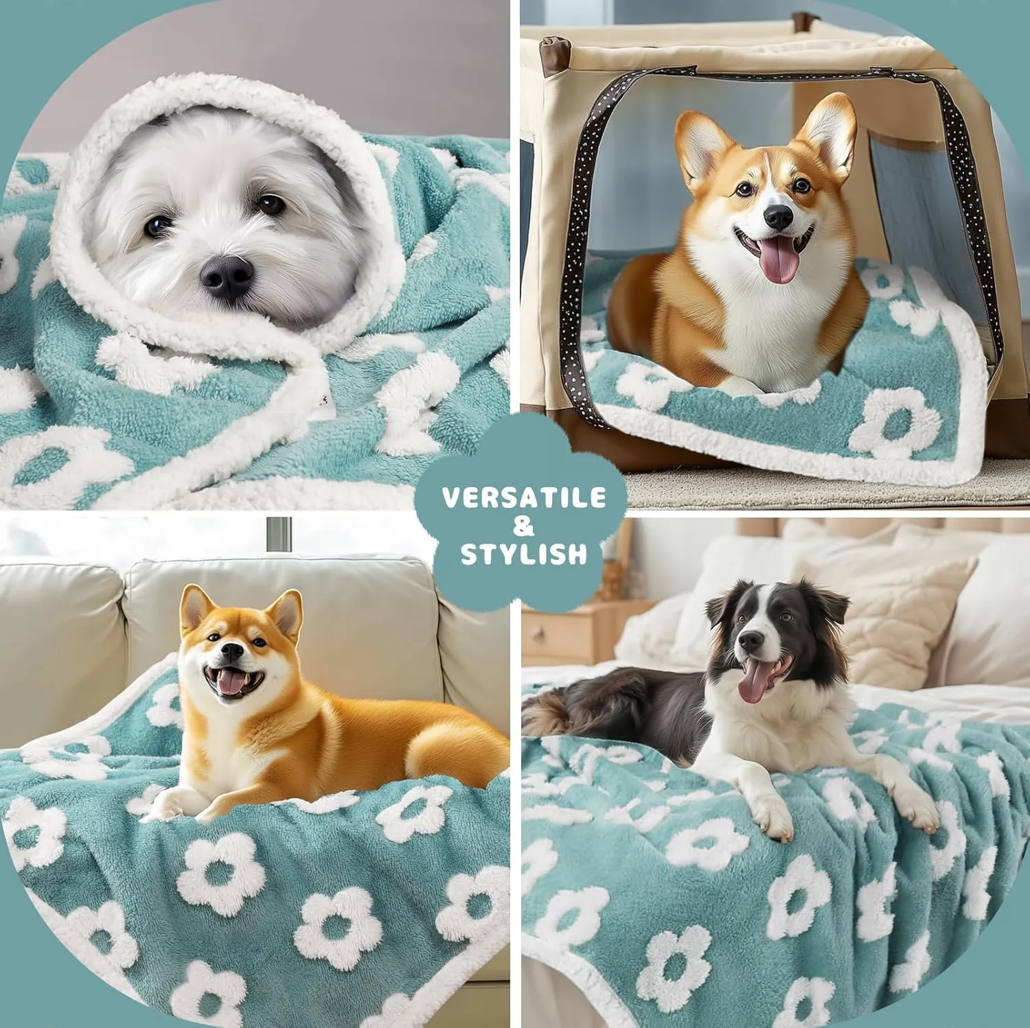 Luciphia Waterproof Pet Blanket for Medium Large Dogs Washable Fluffy Thick Jacquard Shag Fleece Warm Sherpa 3D Textured Flower Print for Cats Puppy Couch Protection (Blue,40x28 inches)