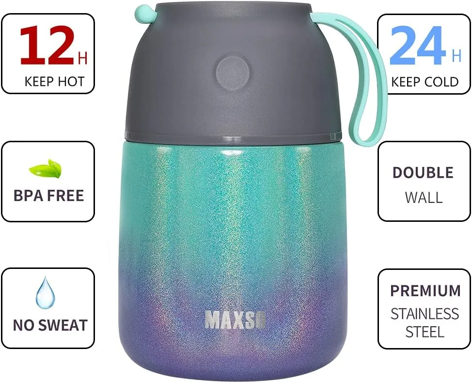 MAXSO Soup Thermo for Hot & Cold Food for Adults Kids, 17 oz Vacuum Insulated Steel Lunch Container Bento Box with Spoon, Leakproof Thermal Food Jar for School Office Travel - Rainbow