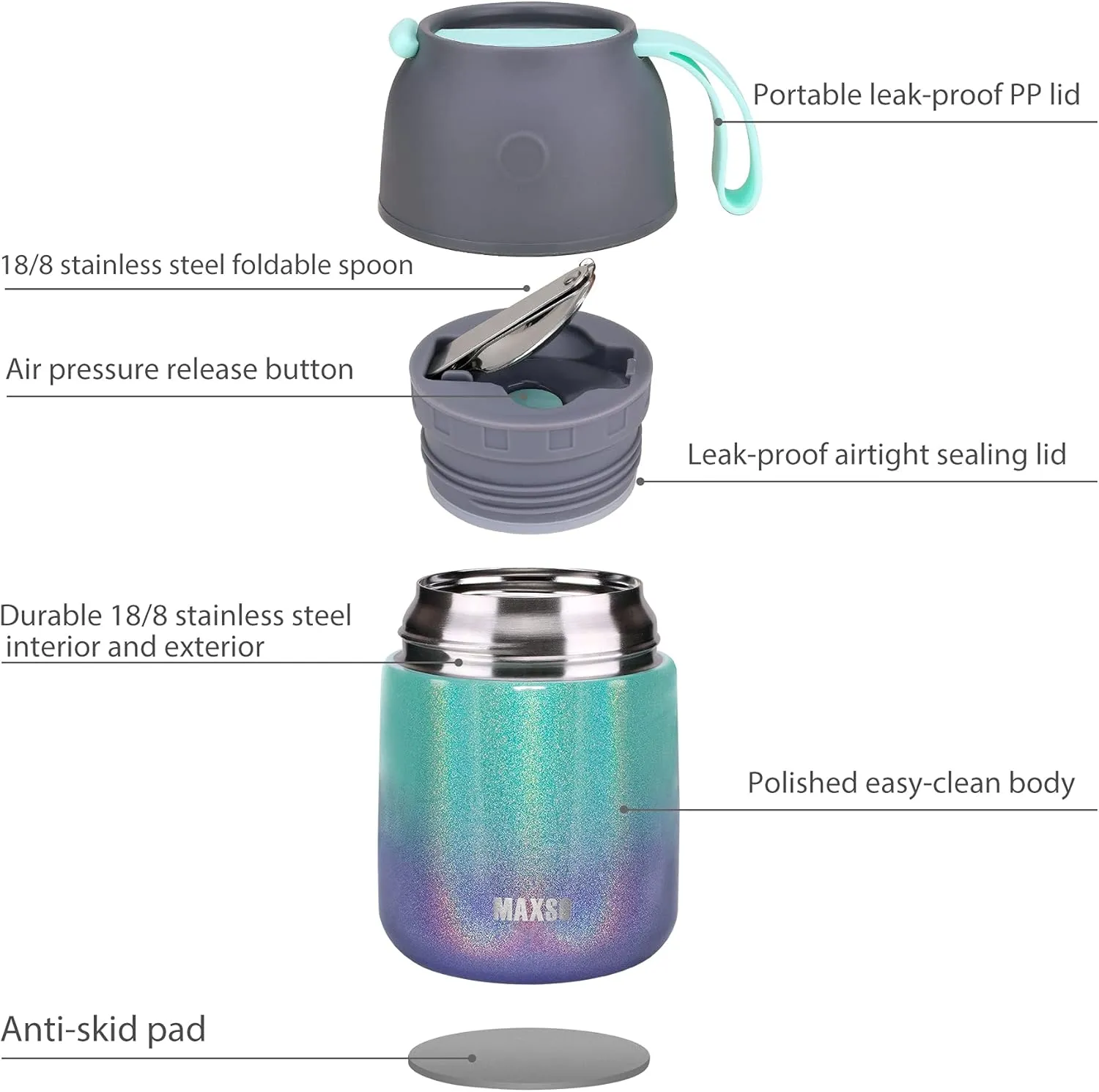 MAXSO Soup Thermo for Hot & Cold Food for Adults Kids, 17 oz Vacuum Insulated Steel Lunch Container Bento Box with Spoon, Leakproof Thermal Food Jar for School Office Travel - Rainbow