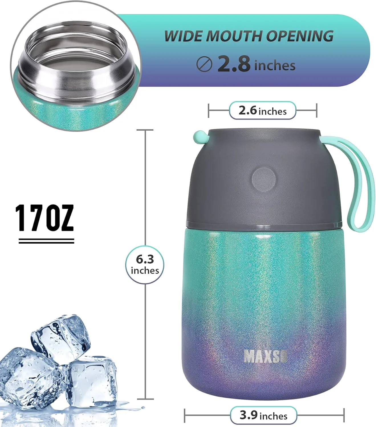 MAXSO Soup Thermo for Hot & Cold Food for Adults Kids, 17 oz Vacuum Insulated Steel Lunch Container Bento Box with Spoon, Leakproof Thermal Food Jar for School Office Travel - Rainbow