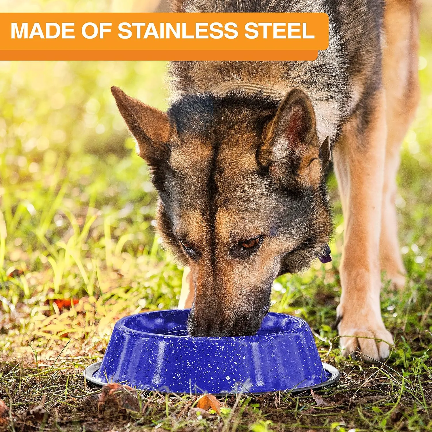 Neater Pet Brands - Outdoor Camping Style Pet Bowl - Enamel Ware Blue Black Granite Colors - Dog Cat No Tip Skid Bowls (64 oz, Blue)