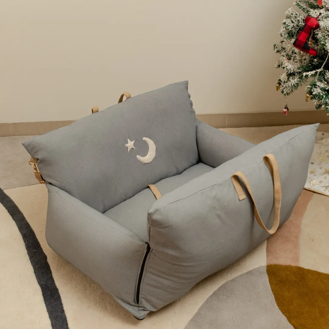 OAK BOHO Dog Holiday Travel Bed Large : Blue Herringbone Chand Tara