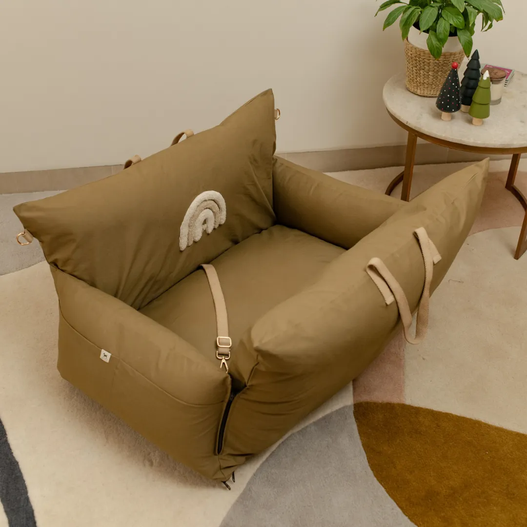 OAK BOHO Dog Holiday Travel Bed Large : Brown Herringbone Rainbow Heart