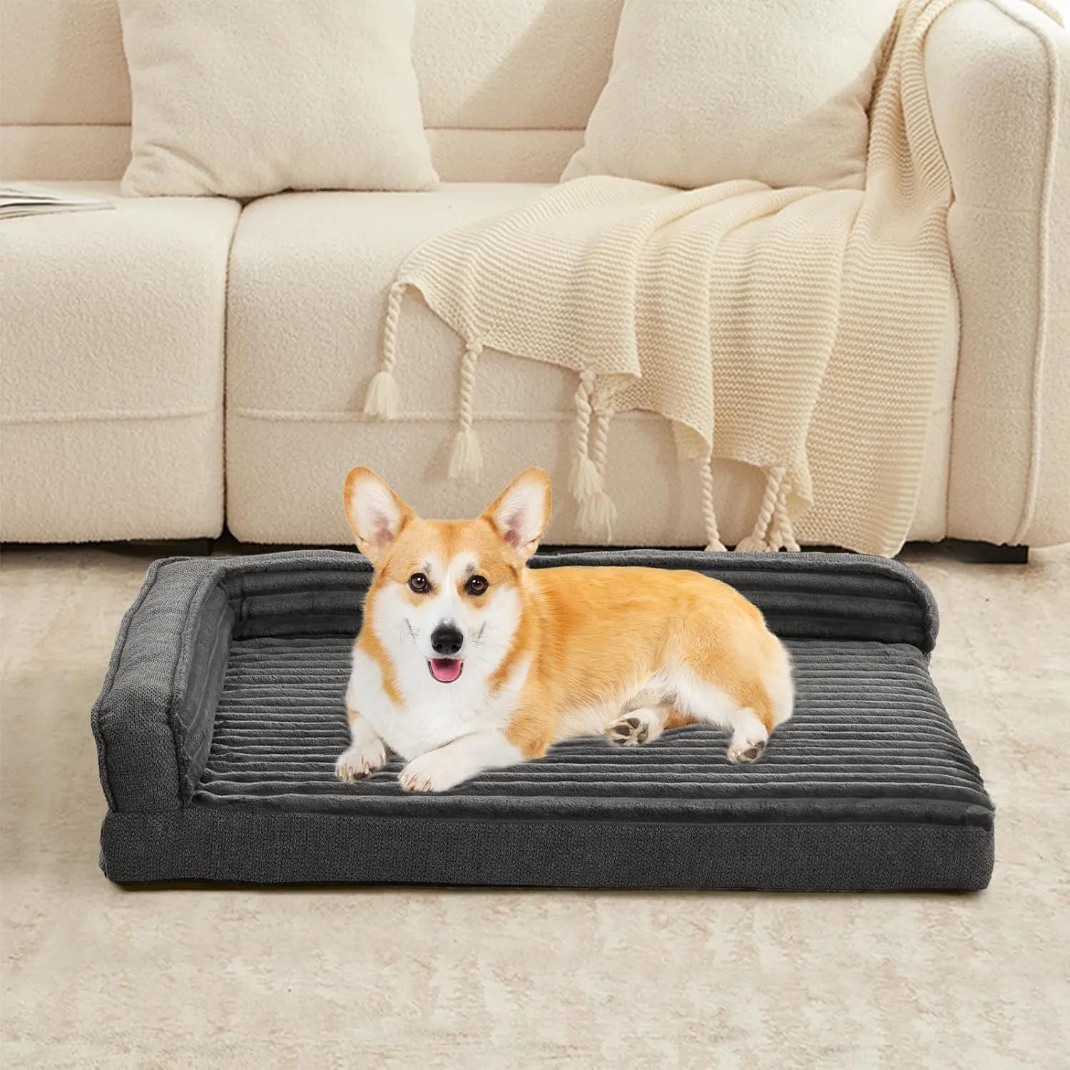 Orthopedic Dog Beds for Medium, Small Dogs, Waterproof Egg Foam Dog Sofa Bed with L Bolster Sides, Washable Medium Pet Bed with Removable Cover & Non-Slip Bottom, 31 x 25 inch, Gray