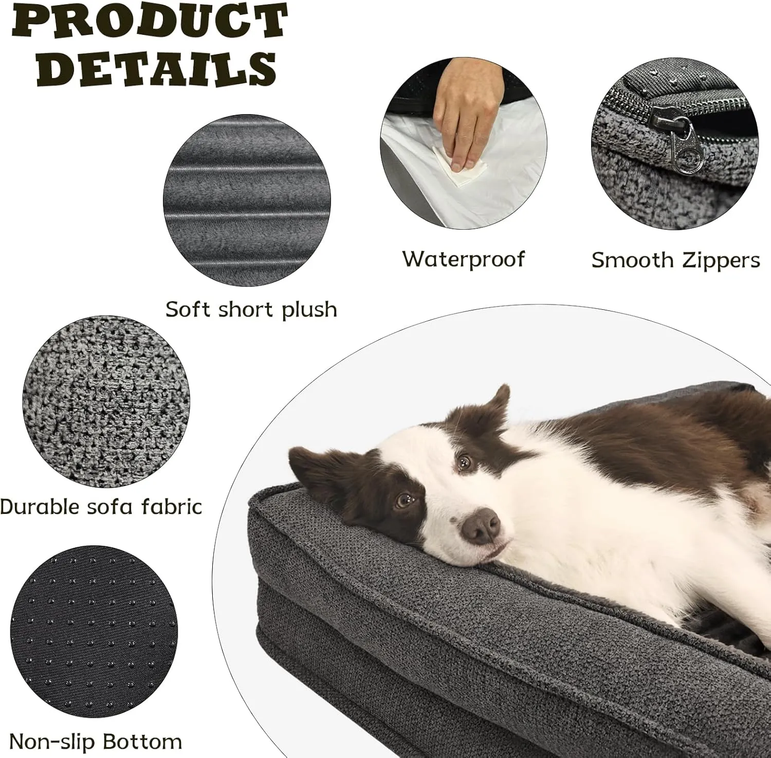 Orthopedic Dog Beds for Medium, Small Dogs, Waterproof Egg Foam Dog Sofa Bed with L Bolster Sides, Washable Medium Pet Bed with Removable Cover & Non-Slip Bottom, 31 x 25 inch, Gray
