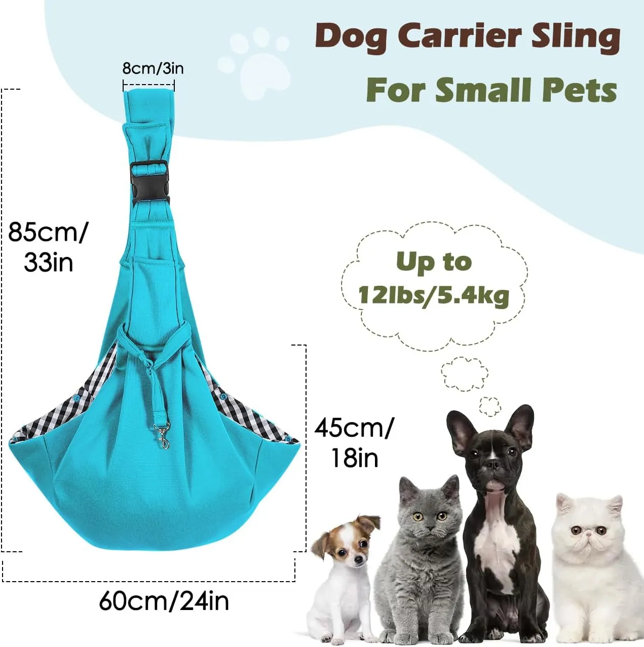 Pawaboo Dog Sling Carrier for Small Dogs, Reversible Hand Free Dog Carrier Sling with Adjustable Strap Buckle & Safety Leash, Soft Pouch and Tote, for Carry Small Dogs and Cats, Up to 12lbs, Blue