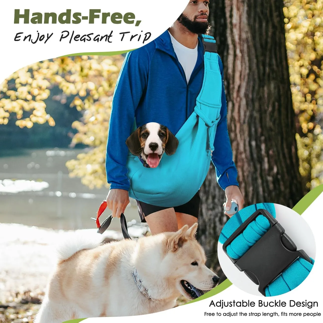 Pawaboo Dog Sling Carrier for Small Dogs, Reversible Hand Free Dog Carrier Sling with Adjustable Strap Buckle & Safety Leash, Soft Pouch and Tote, for Carry Small Dogs and Cats, Up to 12lbs, Blue
