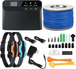 PcEoTllar Electric Fence for Dogs, Rechargeable Dog Electric Fence, Underground Dog Fence System, 2 Waterproof Collar Receiver, with 656Ft Underground/Aboveground Boundary Wire