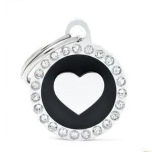 Personalized Glam Swarovski "Chrome Heart Black Circle" Pet Name ID Tag